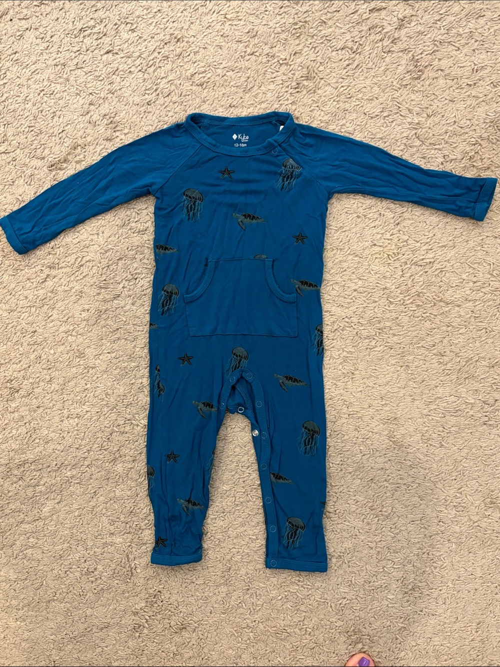 Kyte BABY Bamboo Long-all w/ Jellyfish Print in Deep Blue. NWOT. 12-18 mos.